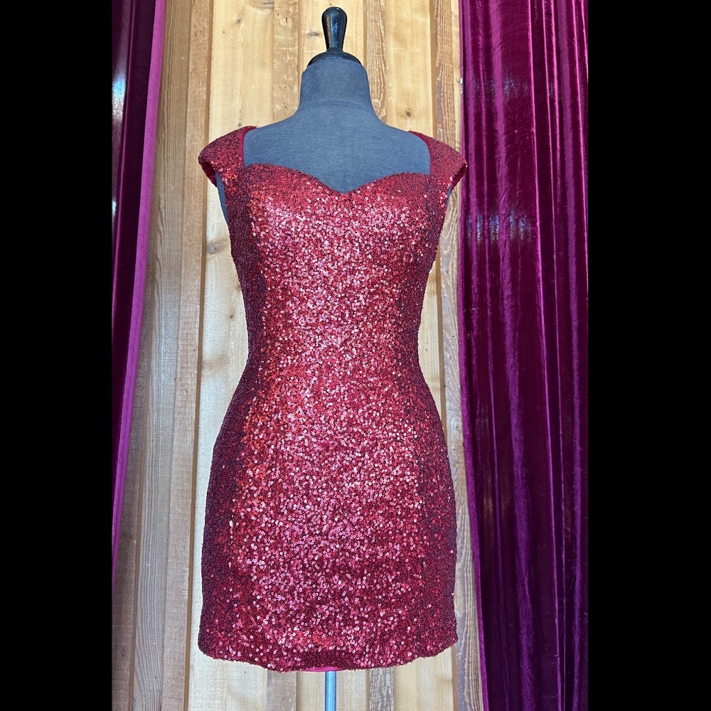 Red sequined cocktail mini dress with back cutout